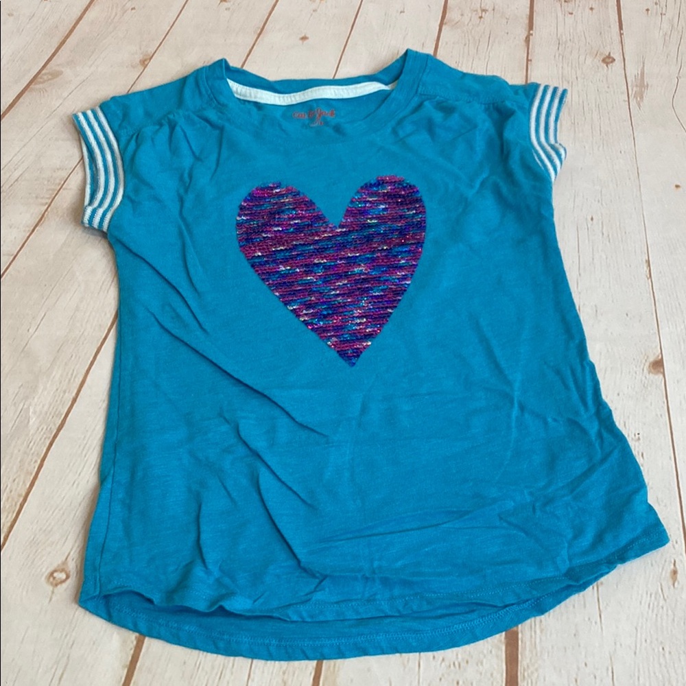 Cat & Jack Pink/Silver Flip Heart Sequin Turquoise Kids Shirt